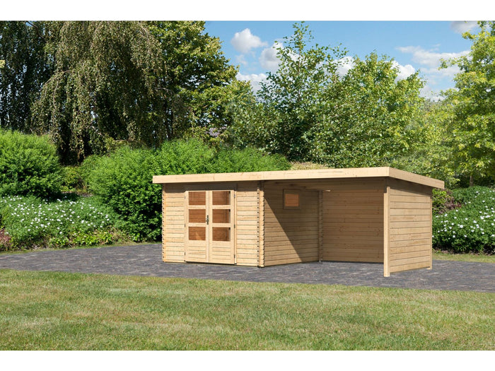 Karibu Gartenhaus Trittau 3 natur mit Anbaudach 3,3 m inkl. Rück- und Seitenwand