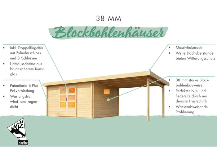 Karibu Gartenhaus Trittau 3 natur mit Anbaudach 3,3 m inkl. Rück- und Seitenwand
