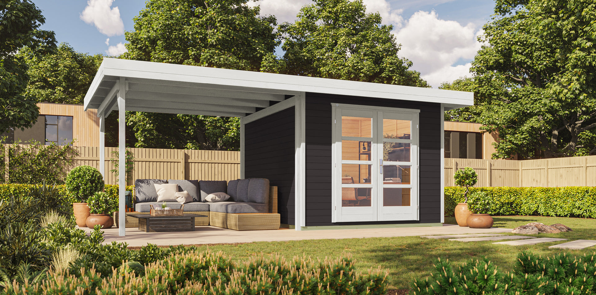 Weka Gartenhaus 126 Gr. 2 in anthrazit mit Anbaudach 300 cm