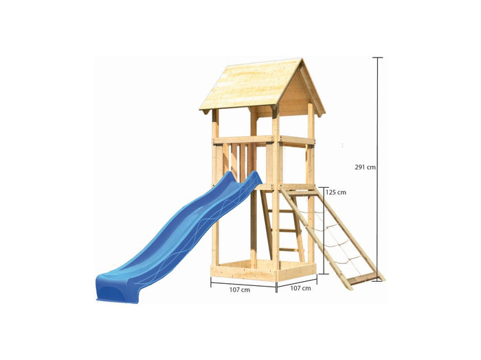 Karibu Spielturm Lotti mit Netzrampe und Rutsche blau