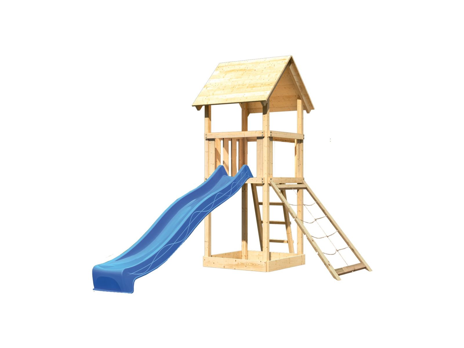 Karibu Spielturm Lotti mit Netzrampe und Rutsche blau