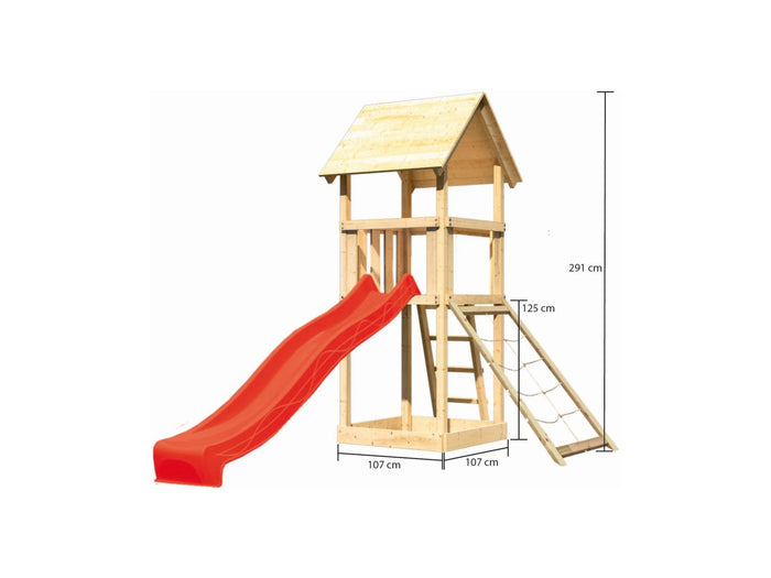 Karibu Spielturm Lotti mit Netzrampe und Rutsche rot