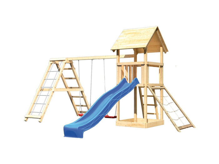 Karibu Spielturm Lotti- Doppelschaukel mit Klettergerüst, Netzrampe und Rutsche in blau