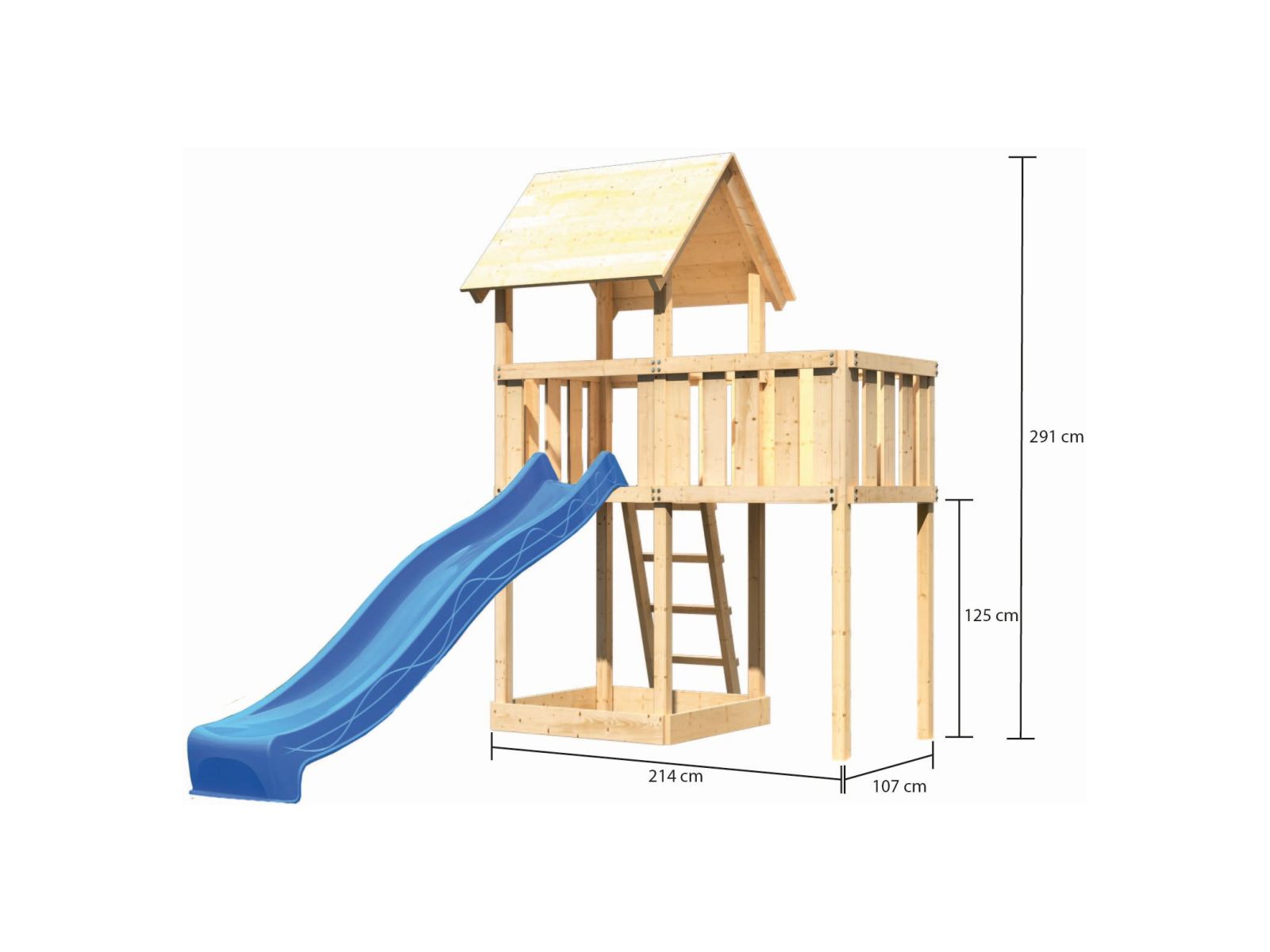 Karibu Spielturm Lotti natur mit Anbauplattform und Rutsche blau