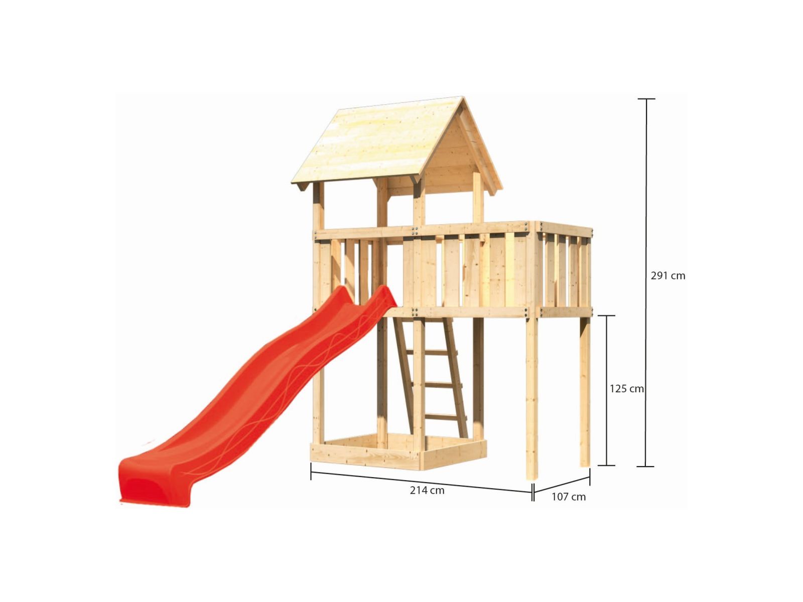 Karibu Spielturm Lotti natur mit Anbauplattform und Rutsche rot