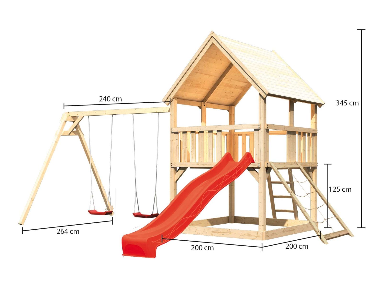 Karibu Spielturm Luis Satteldach + Rutsche rot + Doppelschaukel + Netzrampe