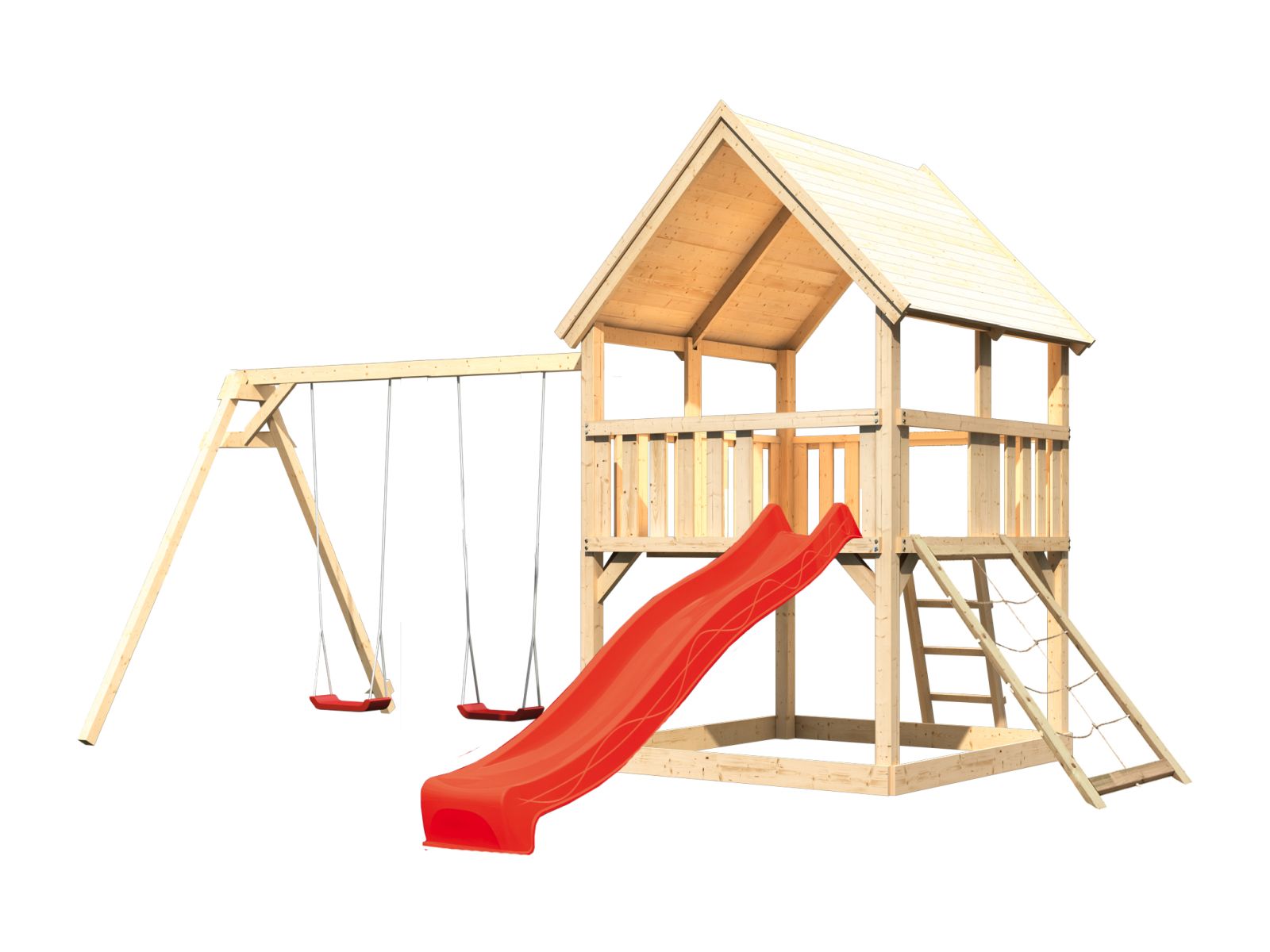 Karibu Spielturm Luis Satteldach + Rutsche rot + Doppelschaukel + Netzrampe