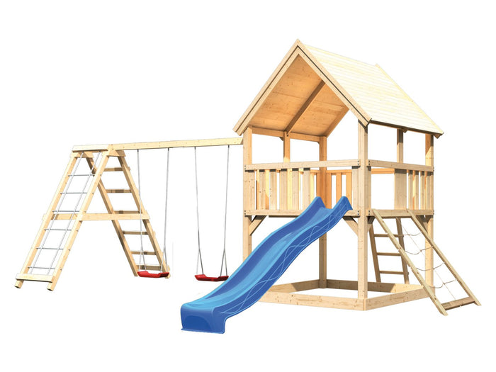 Karibu Spielturm Luis Satteldach + Rutsche blau + Doppelschaukelanbau Klettergerüst + Netzrampe