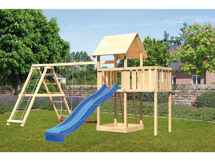 Karibu Spielturm Lotti natur- Anbauplattform- Doppelschaukel inkl. Klettergerüst- Rutsche blau