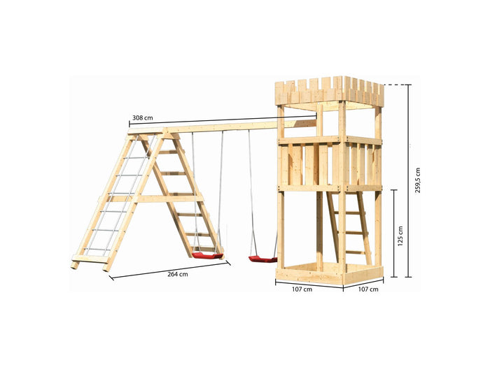 Karibu Ritterburg Löwenherz + Doppelschaukelanbau Klettergerüst