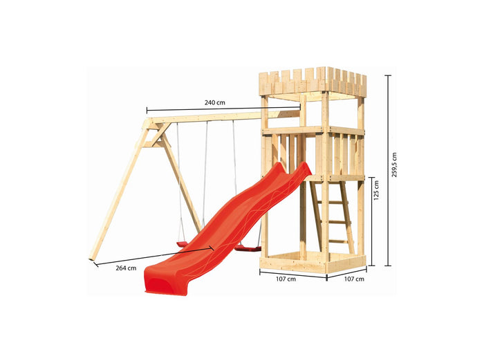 Karibu Ritterburg Löwenherz + Rutsche rot + Doppelschaukel