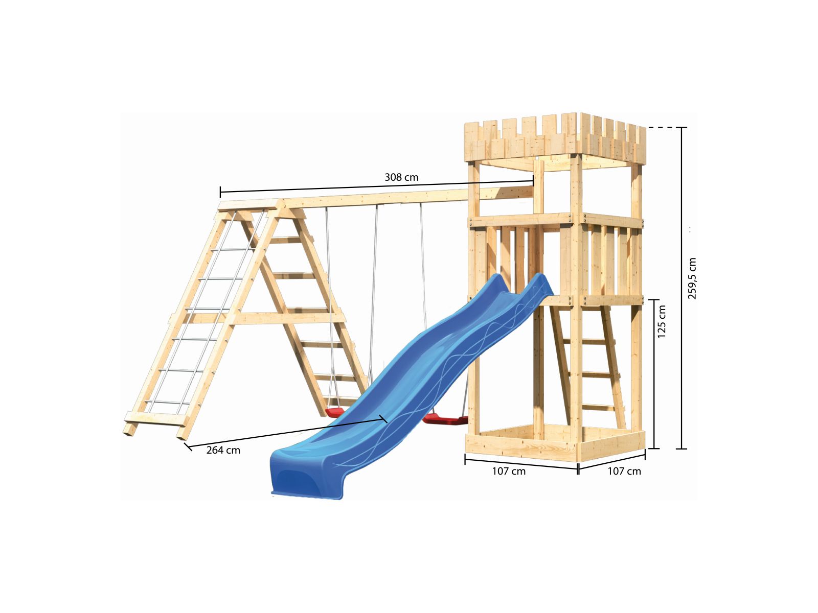 Karibu Ritterburg Löwenherz + Rutsche blau + Doppelschaukelanbau Klettergerüst