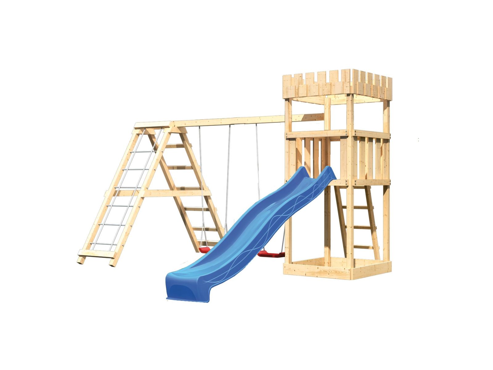 Karibu Ritterburg Löwenherz + Rutsche blau + Doppelschaukelanbau Klettergerüst