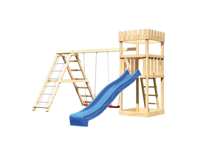 Karibu Ritterburg Löwenherz + Rutsche blau + Doppelschaukelanbau Klettergerüst