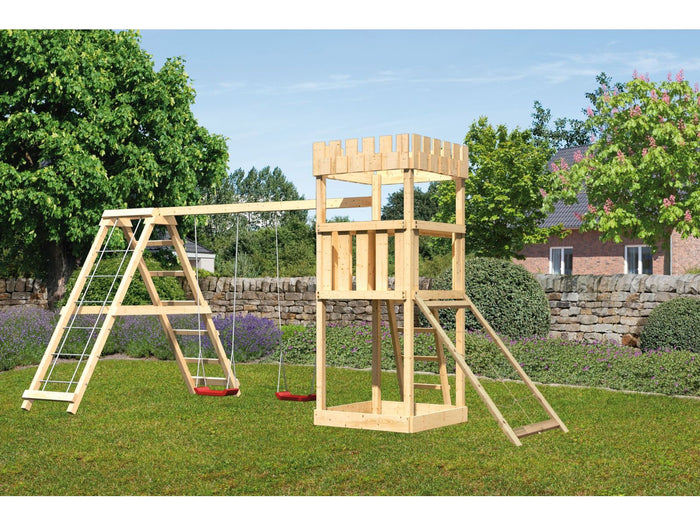 Karibu Ritterburg Löwenherz + Doppelschaukelanbau Klettergerüst + Netzrampe