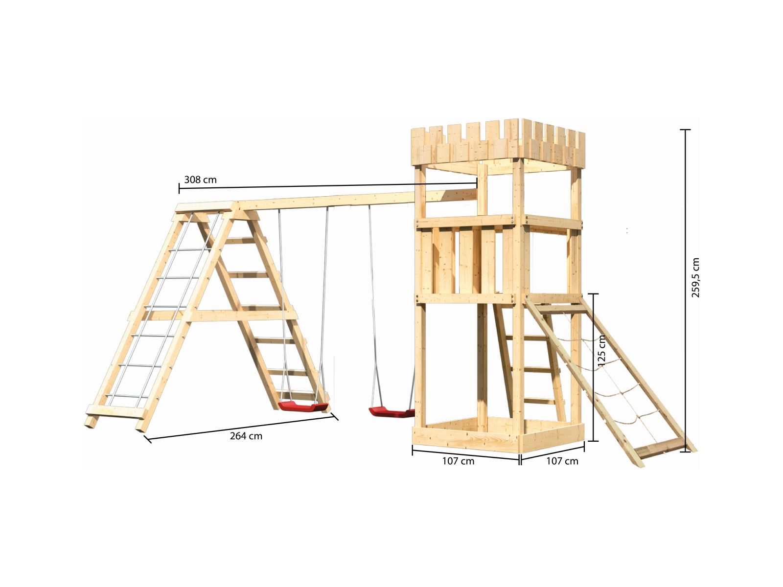 Karibu Ritterburg Löwenherz + Doppelschaukelanbau Klettergerüst + Netzrampe