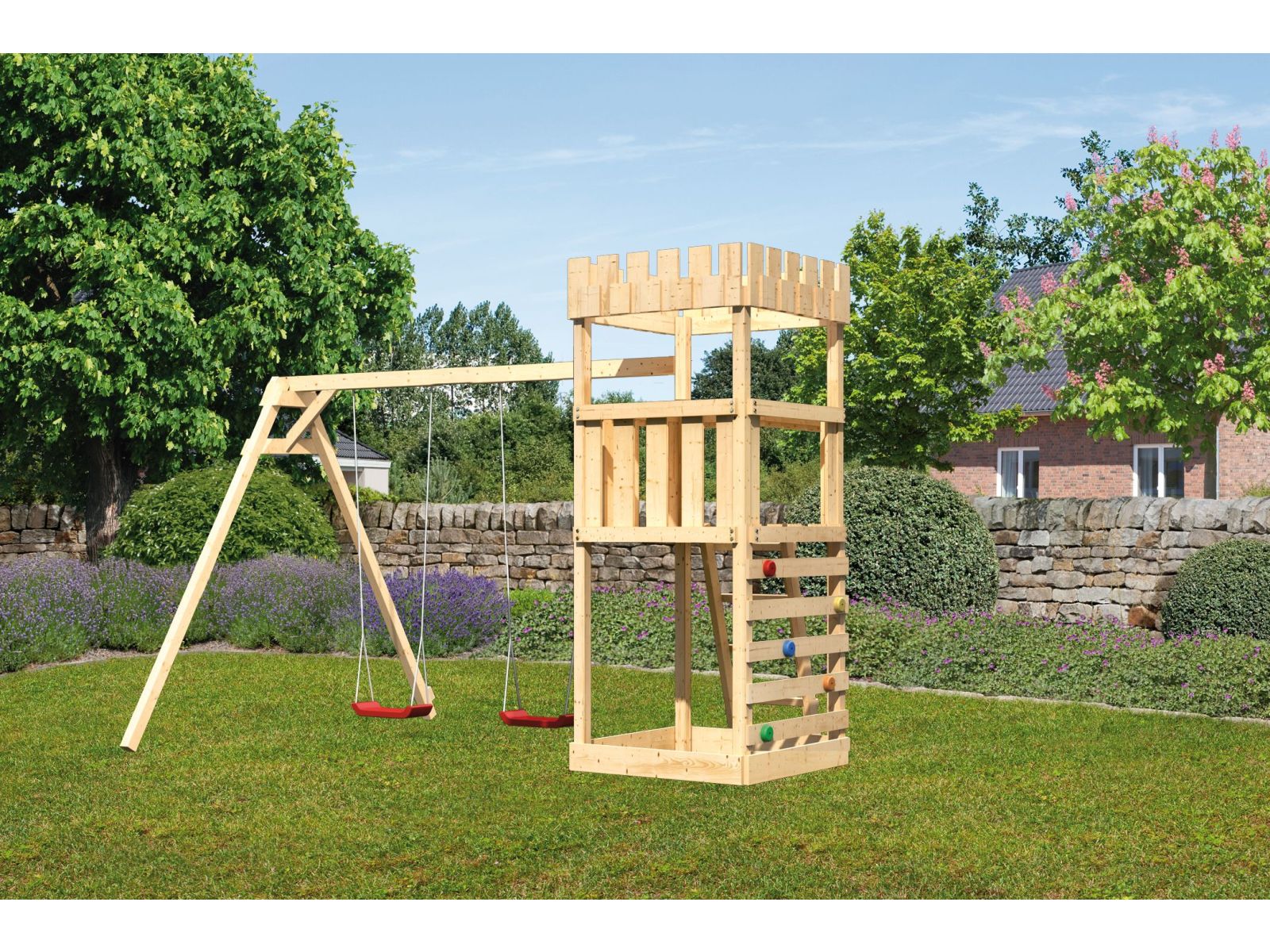 Karibu Ritterburg Löwenherz + Doppelschaukel + Kletterwand