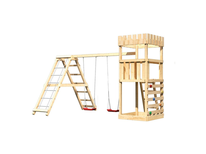 Karibu Ritterburg Löwenherz + Doppelschaukelanbau Klettergerüst + Kletterwand