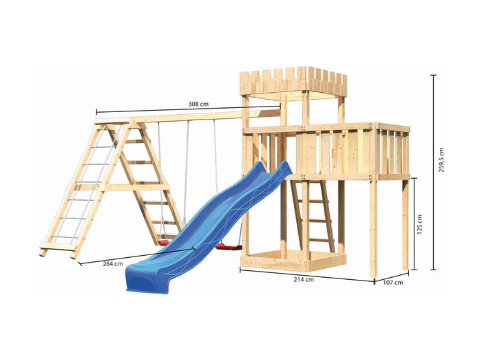 Karibu Ritterburg Löwenherz + Rutsche + Doppelschaukelanbau Klettergerüst + Anbauplattform