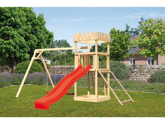 Karibu Ritterburg Löwenherz + Rutsche + Doppelschaukel + Netzrampe