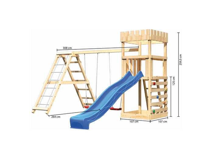 Karibu Ritterburg Löwenherz + Rutsche + Doppelschaukelanbau Klettergerüst + Kletterwand