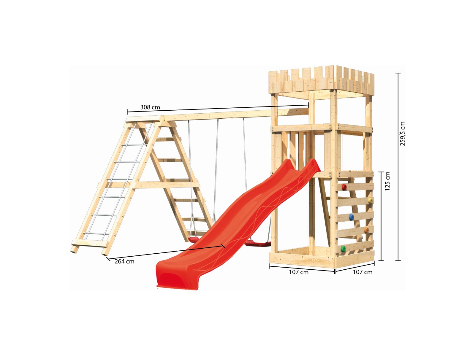 Karibu Ritterburg Löwenherz + Rutsche + Doppelschaukelanbau Klettergerüst + Kletterwand