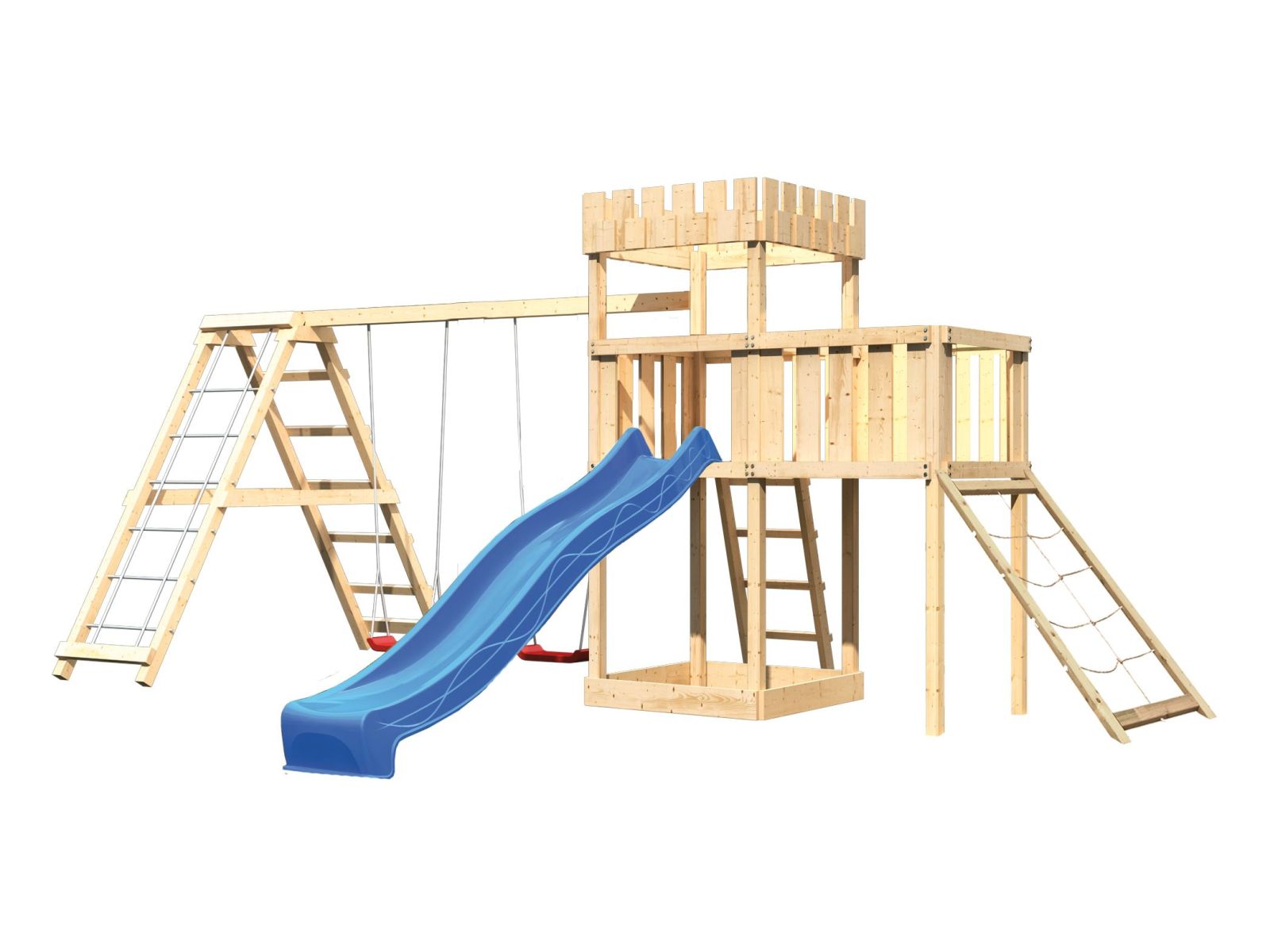 Karibu Ritterburg Löwenherz + Rutsche + Doppelschaukelanbau Klettergerüst + Anbauplattform + Netzram