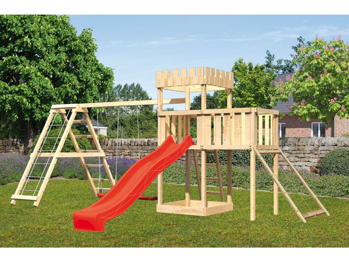 Karibu Ritterburg Löwenherz + Rutsche + Doppelschaukelanbau Klettergerüst + Anbauplattform + Netzram