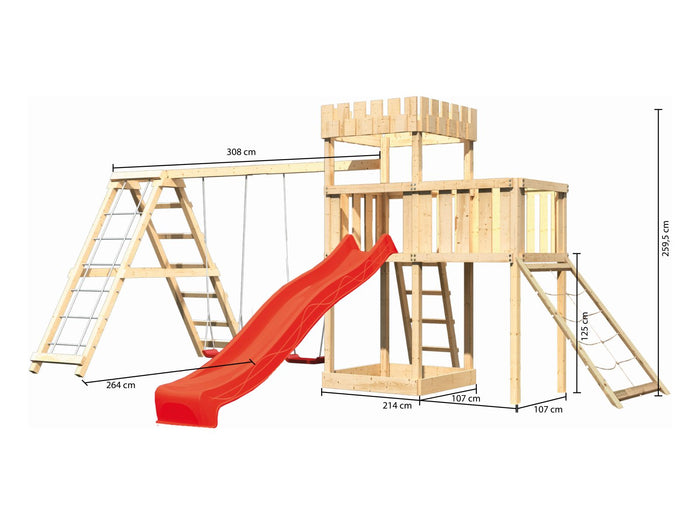 Karibu Ritterburg Löwenherz + Rutsche + Doppelschaukelanbau Klettergerüst + Anbauplattform + Netzram
