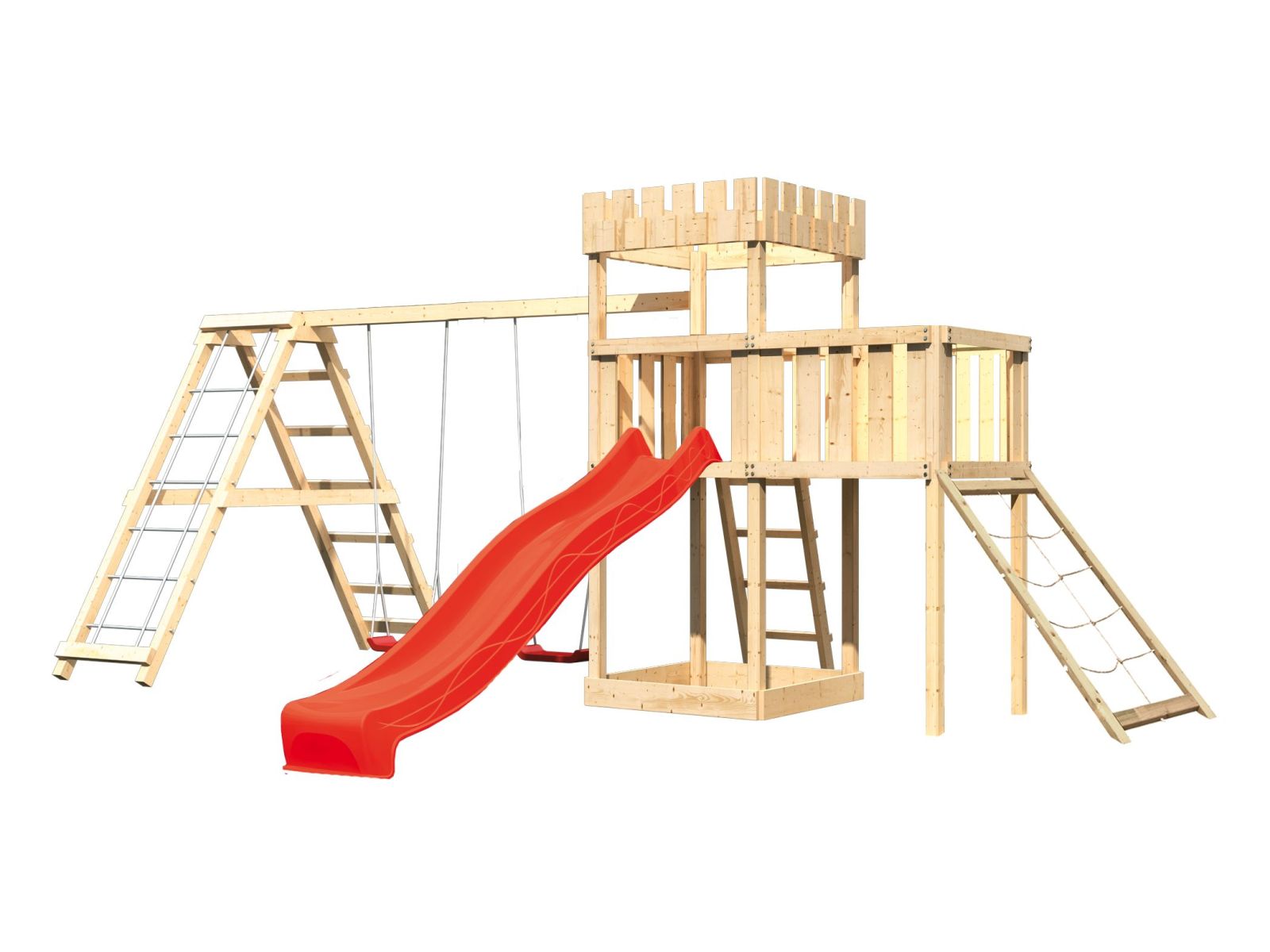 Karibu Ritterburg Löwenherz + Rutsche + Doppelschaukelanbau Klettergerüst + Anbauplattform + Netzram