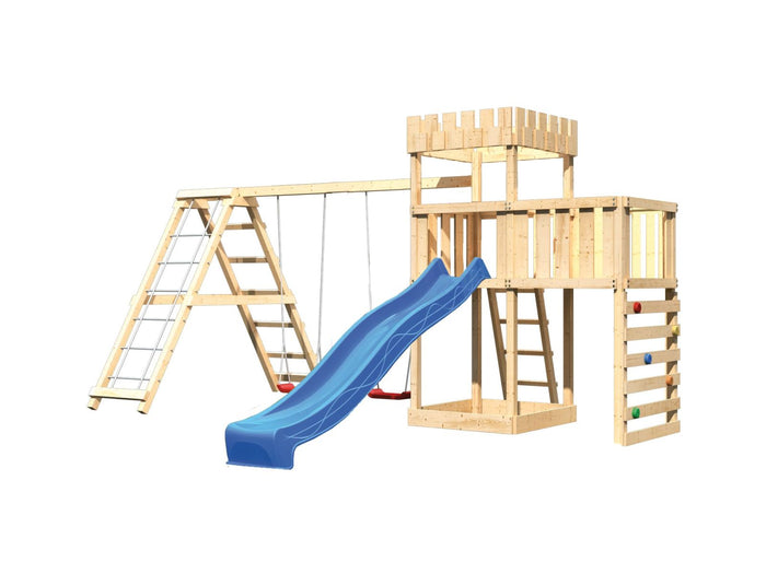 Karibu Ritterburg Löwenherz + Rutsche + Doppelschaukelanbau Klettergerüst + Anbauplattform + Kletter