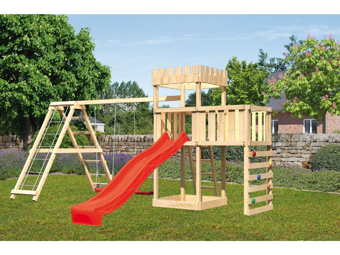 Karibu Ritterburg Löwenherz + Rutsche + Doppelschaukelanbau Klettergerüst + Anbauplattform + Kletter