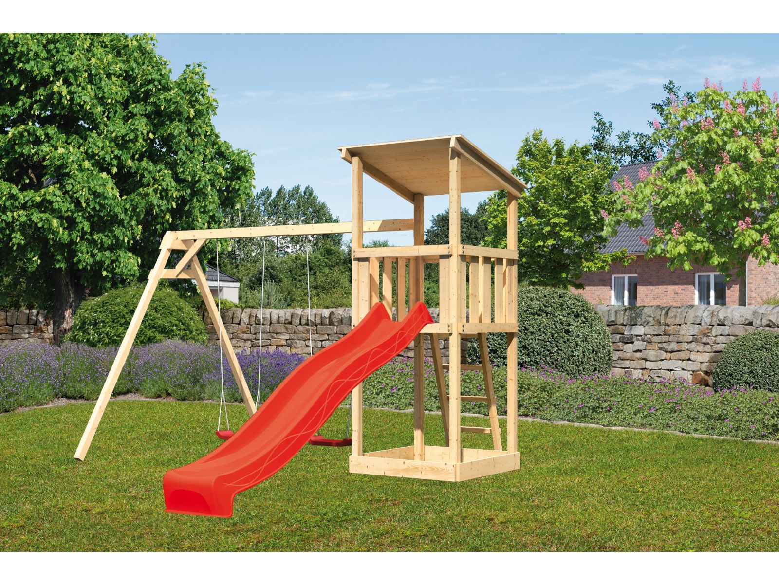 Karibu Spielturm Anna + Rutsche blau + Doppelschaukel