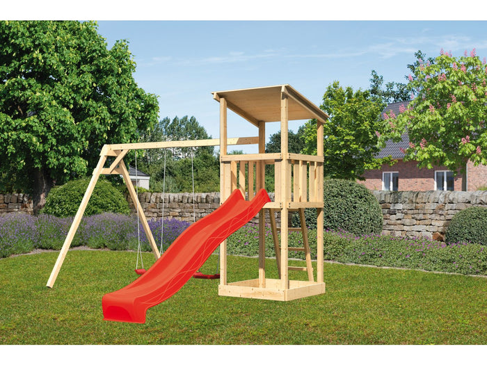 Karibu Spielturm Anna + Rutsche blau + Doppelschaukel