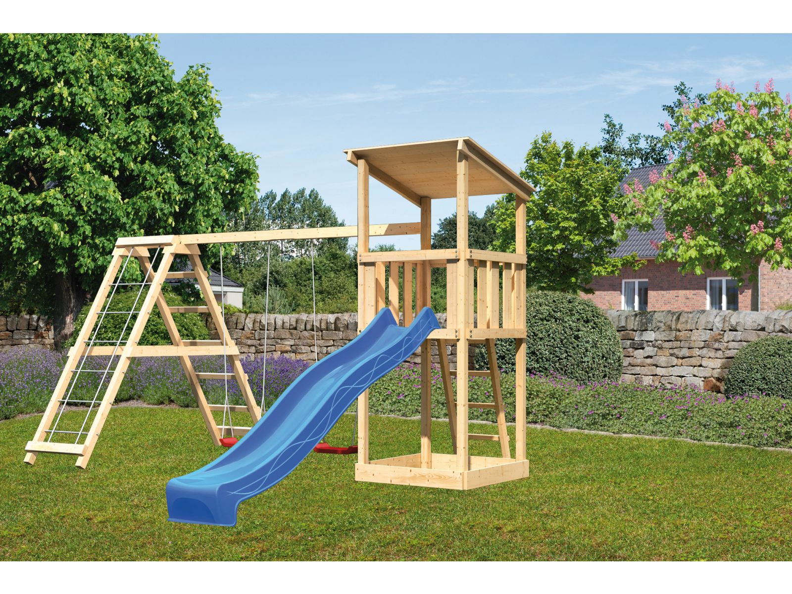 Karibu Spielturm Anna + Rutsche blau + Doppelschaukelanbau Klettergerüst