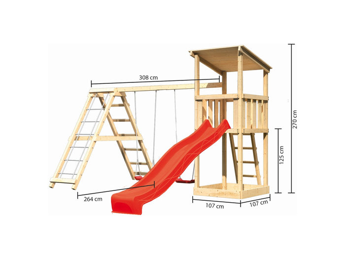 Karibu Spielturm Anna + Rutsche rot + Doppelschaukelanbau Klettergerüst