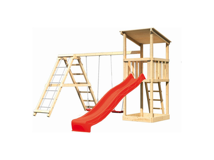 Karibu Spielturm Anna + Rutsche rot + Doppelschaukelanbau Klettergerüst