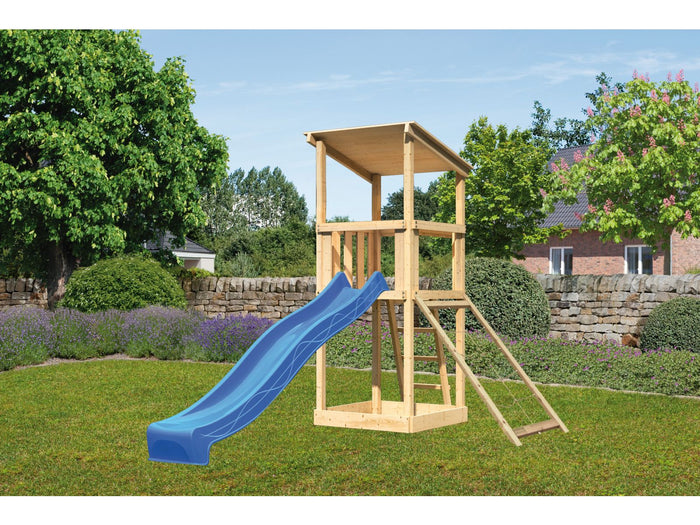 Karibu Spielturm Anna + Rutsche blau + Netzrampe