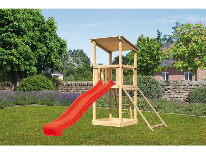 Karibu Spielturm Anna + Rutsche rot + Netzrampe