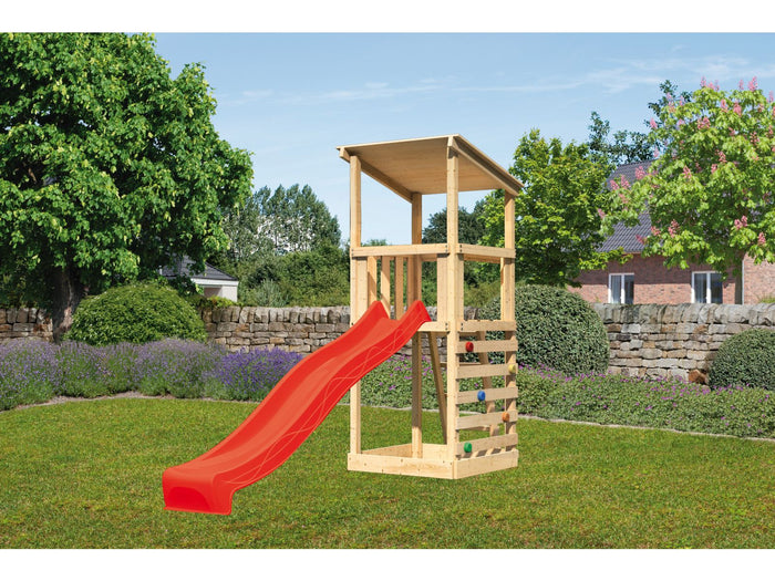 Karibu Spielturm Anna + Rutsche rot + Kletterwand
