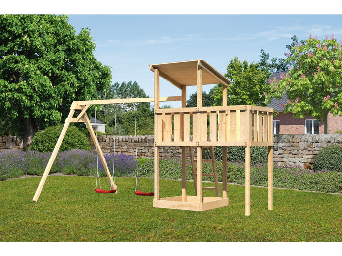 Karibu Spielturm Anna + Doppelschaukel + Anbauplattform