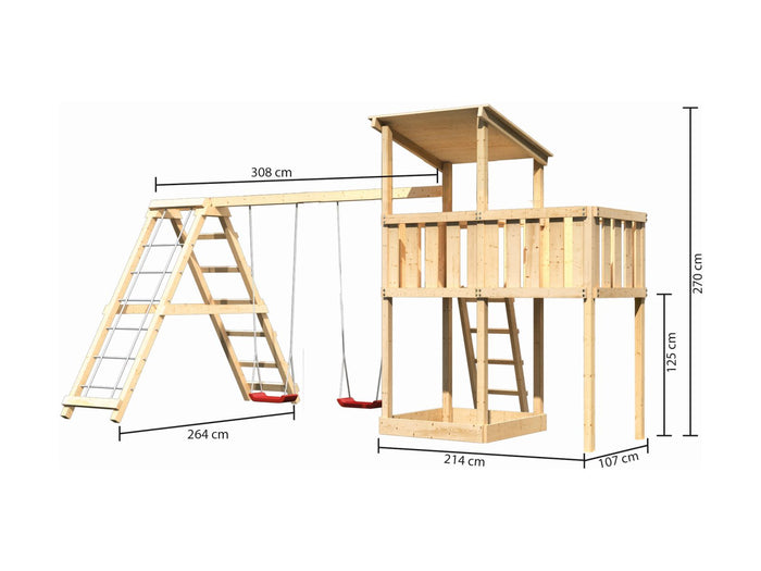 Karibu Spielturm Anna + Doppelschaukelanbau Klettergerüst + Anbauplattform