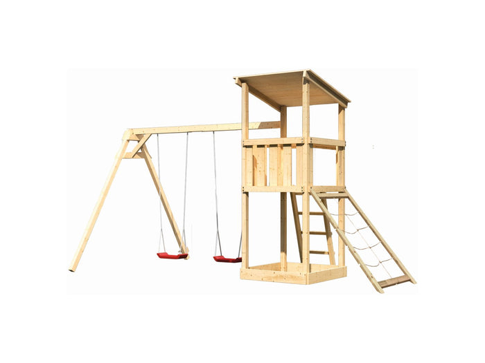 Karibu Spielturm Anna + Doppelschaukel + Netzrampe
