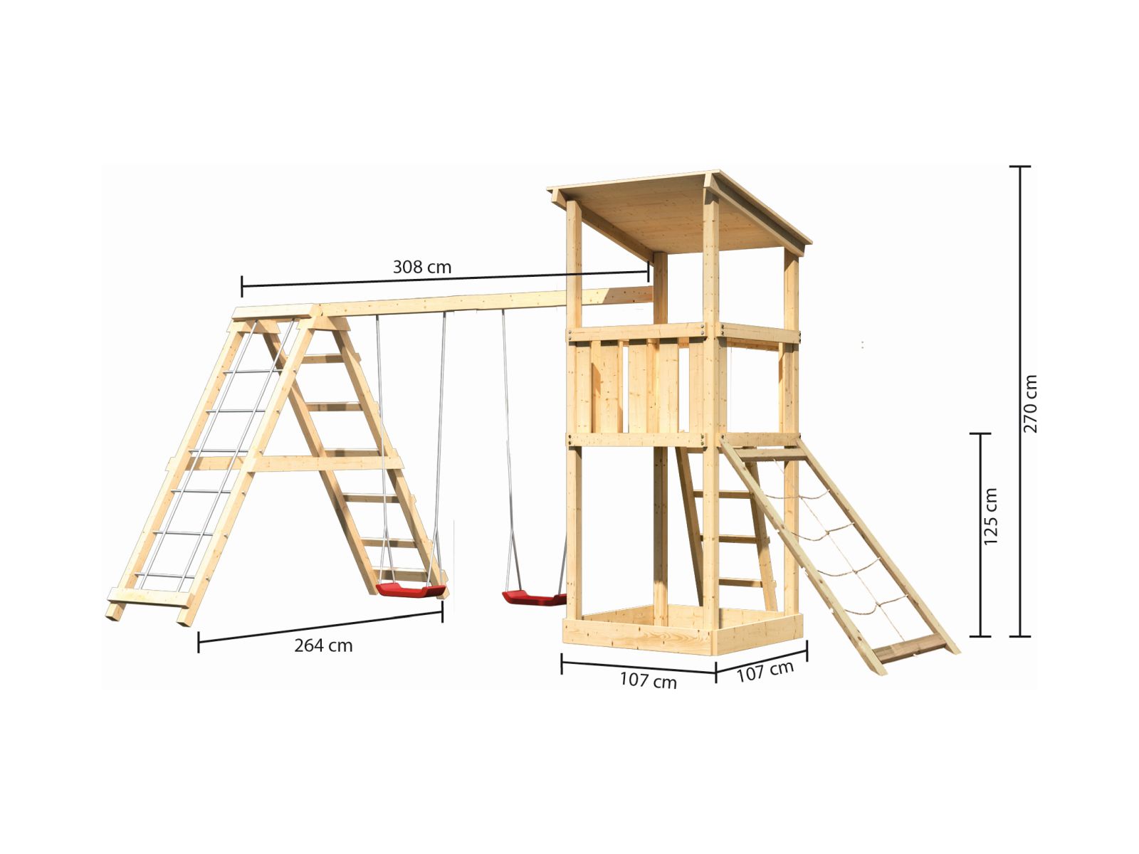 Karibu Spielturm Anna + Doppelschaukelanbau Klettergerüst + Netzrampe
