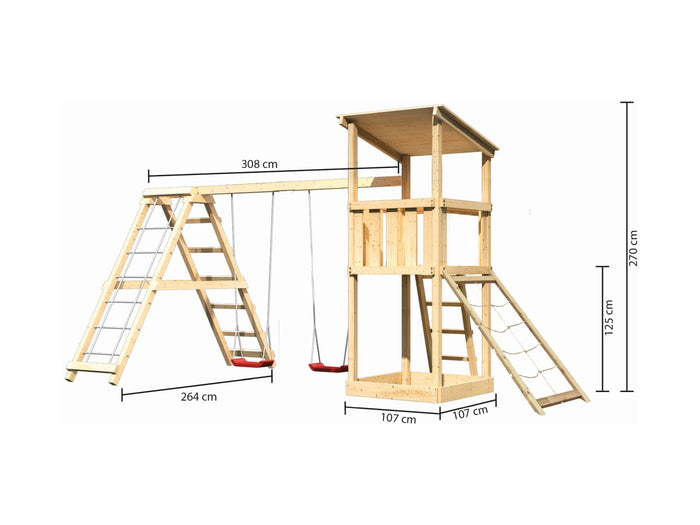 Karibu Spielturm Anna + Doppelschaukelanbau Klettergerüst + Netzrampe