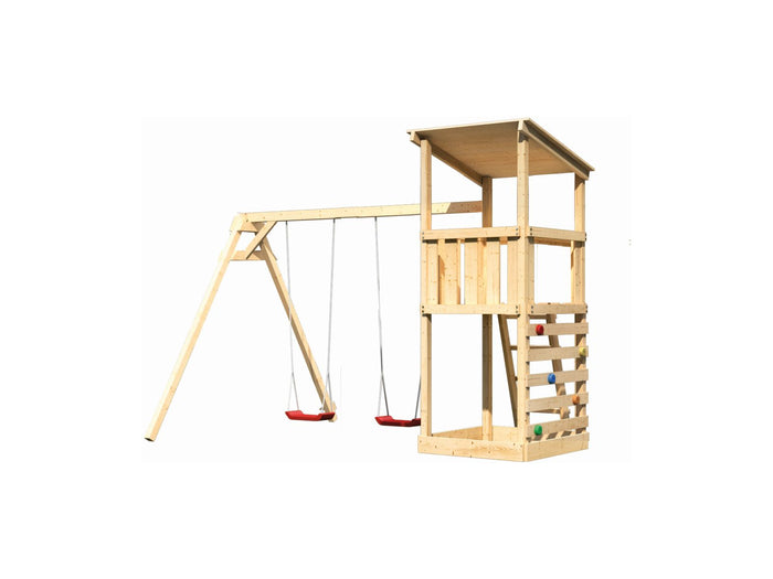 Karibu Spielturm Anna + Doppelschaukel + Kletterwand