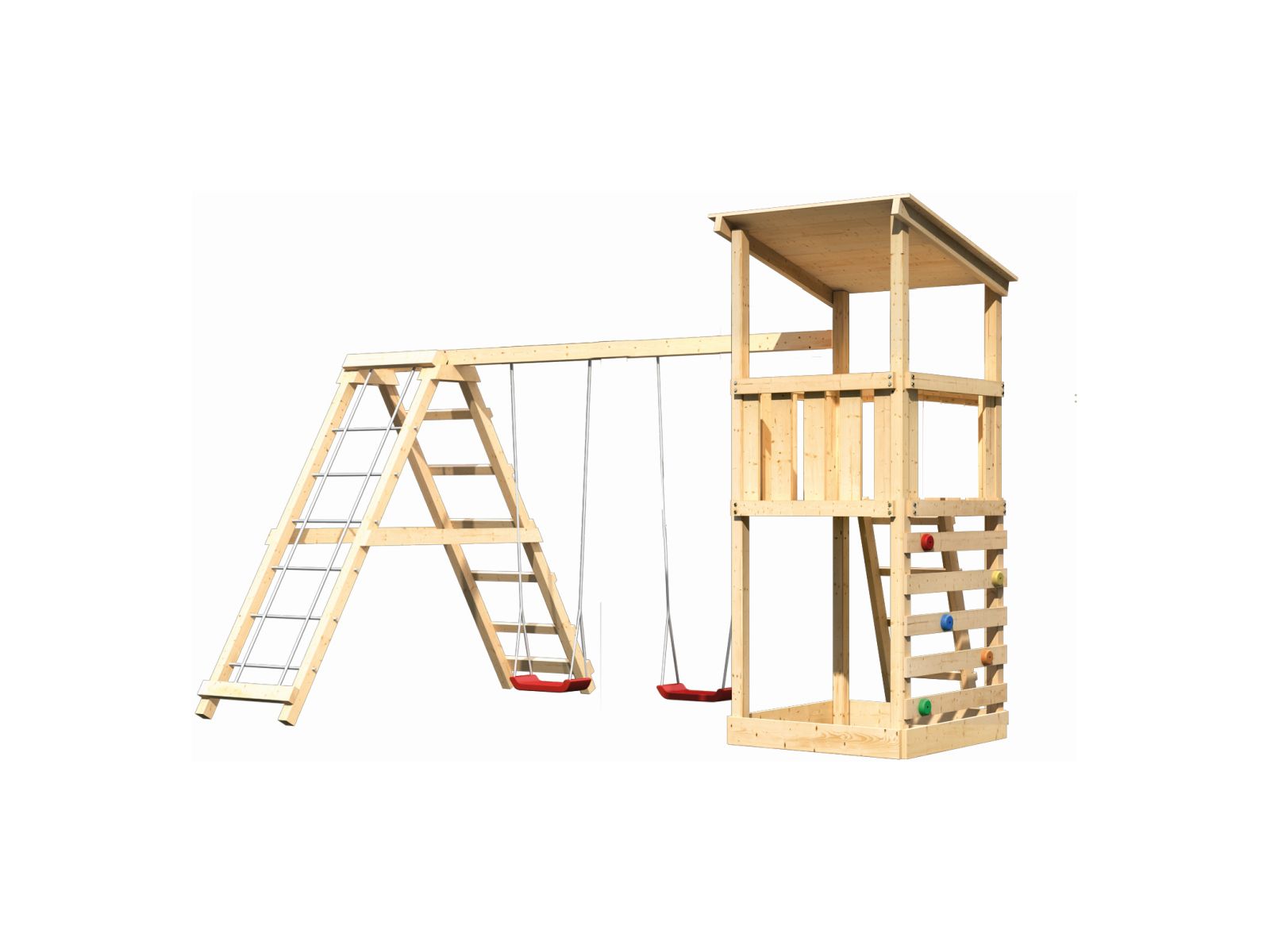 Karibu Spielturm Anna + Doppelschaukelanbau Klettergerüst + Kletterwand