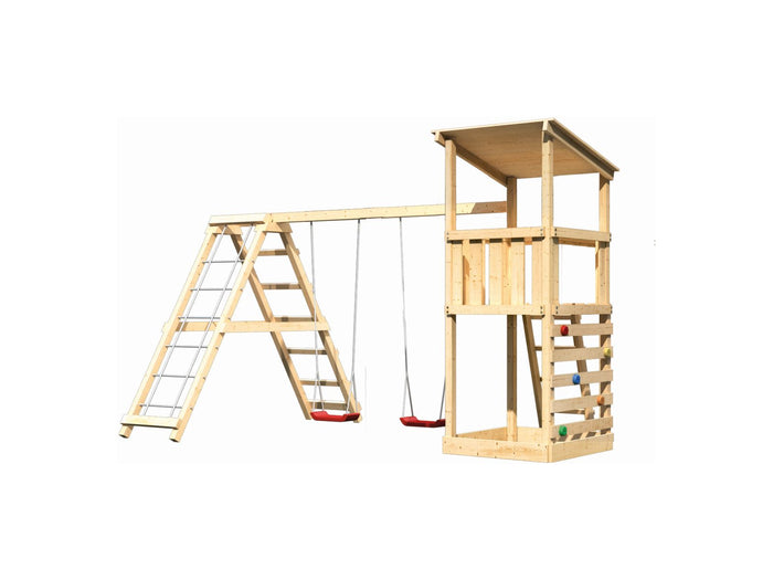 Karibu Spielturm Anna + Doppelschaukelanbau Klettergerüst + Kletterwand