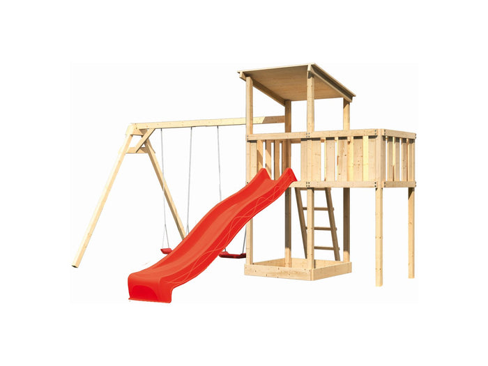 Karibu Spielturm Anna + Rutsche rot + Doppelschaukel + Anbauplattform
