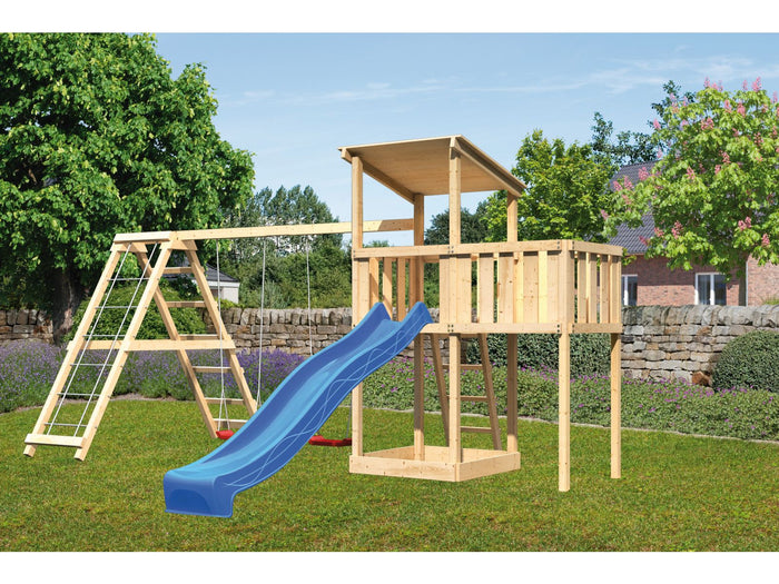 Karibu Spielturm Anna + Rutsche blau + Doppelschaukelanbau Klettergerüst + Anbauplattform